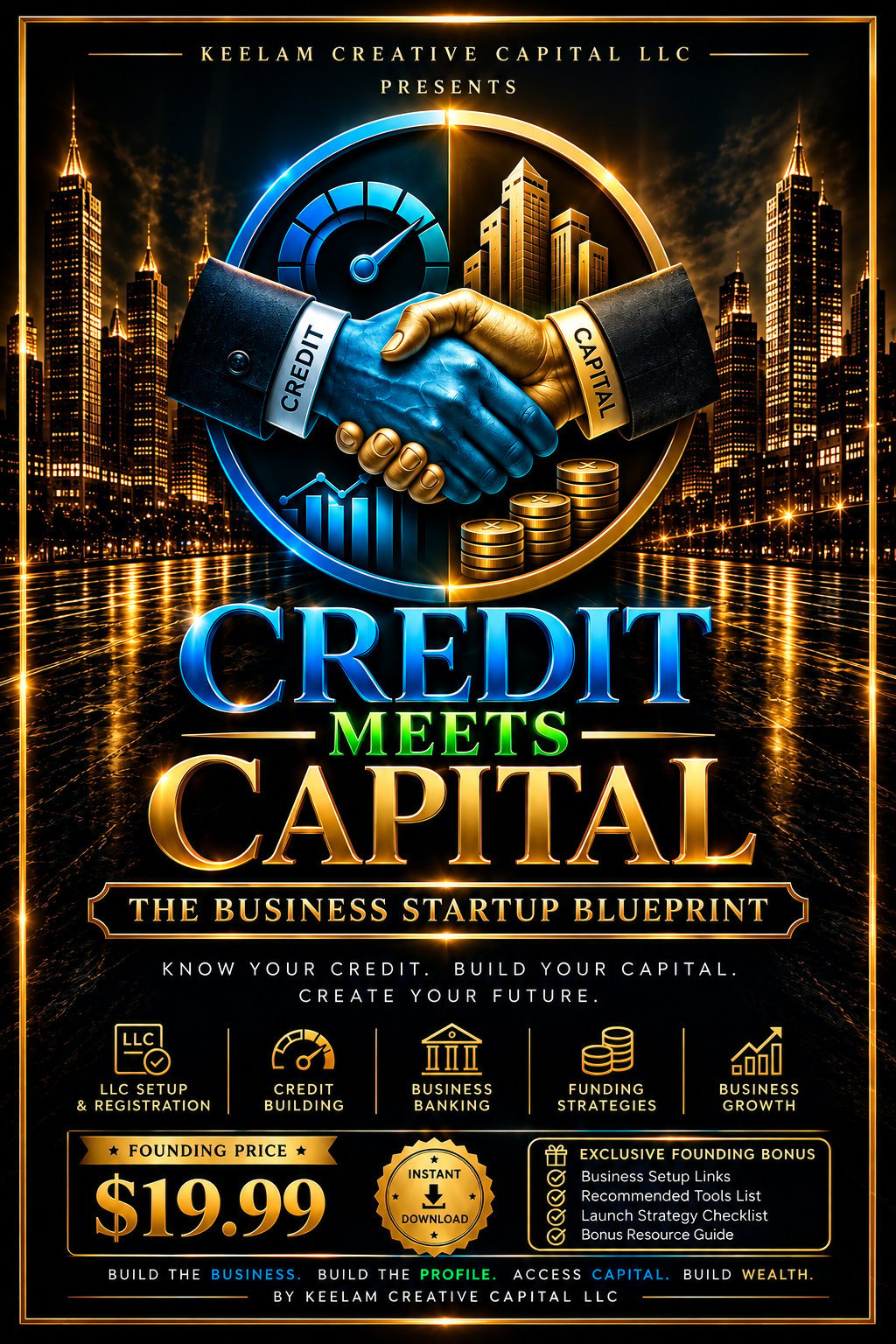 Credit Meets Capital business startup blueprint promotion showing handshake with speedometer and cityscape at $19.99 founding price